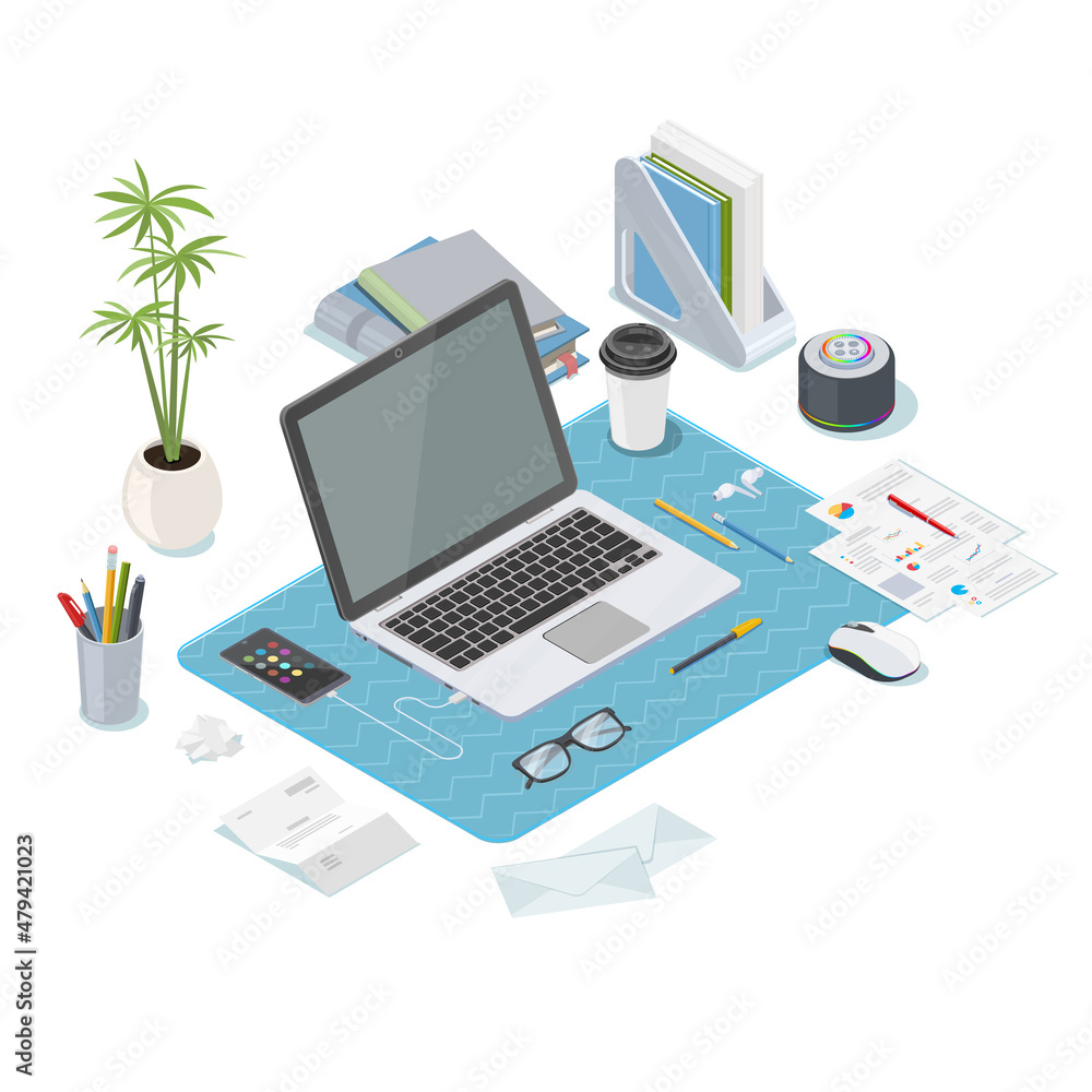 Isometric workspace with laptop documents and books and phones, plant, letters and other Isometric workspace with laptop documents and books and phones, plant, letters and other