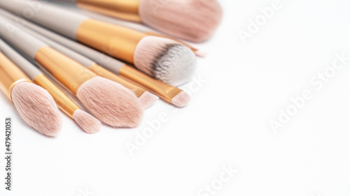 Professional makeup brushes on white background. Text space