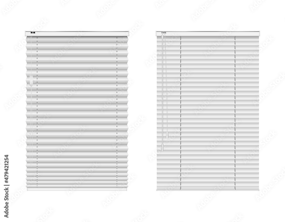 Window blinds, closed curtains, jalousie realistic set. Roller shades horizontal. Interior element Window blinds, closed curtains, jalousie realistic set. Roller shades horizontal. Interior element
