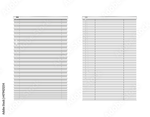 Window blinds, closed curtains, jalousie realistic set. Roller shades horizontal. Interior element