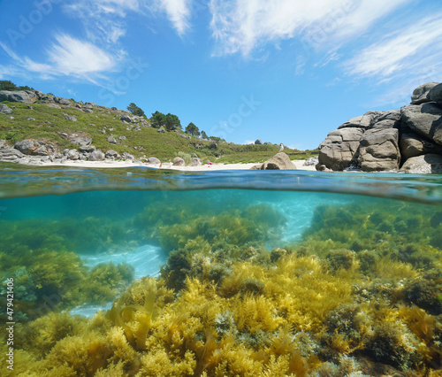 Spain, Galicia, coastline with sandy beach and rock, split level view over and under water surface, Eastern Atlantic ocean, Bueu, Pontevedra province