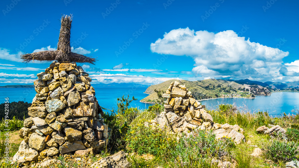 View on Lake Titicaca and cross from isla de Sol in Bolivia