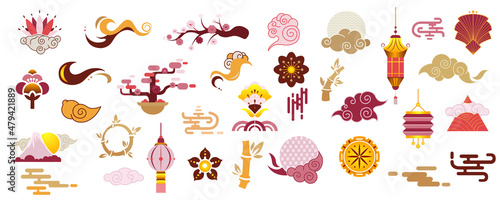 Japanese icon vector. Chinese oriental decor golden floral patterns and ornaments, lantern, mountain, clouds, flowers, sakura branch. Symbols of Japanese decor in the form of bamboo and branches. 