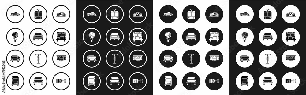 Fototapeta premium Set Bicycle, Off road car, Hot air balloon, Pickup truck, School Bus, Tram and railway, Old city tram and Retro minivan icon. Vector