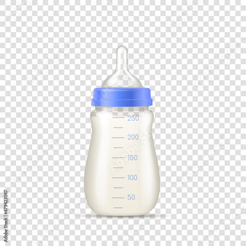 Realistic baby milk bottle for feeding a newborn with pacifier nipples and measurement scale volume