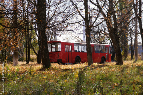  Ukraine, Poltava October 30, 2021, a red trolleybus goes to a U-turn among golden fallen leaves and trees. Urban public transport.