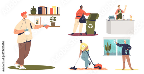 Men cleaning house working on household chores activities. Housekeeping concept