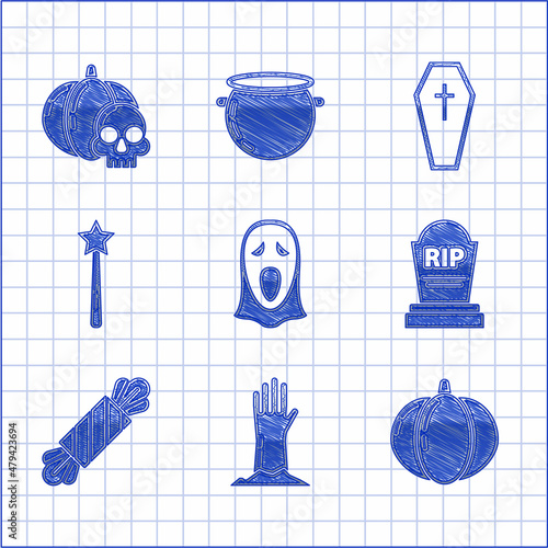 Set Funny and scary ghost mask for Halloween, Zombie hand, Pumpkin, Tombstone with RIP, Candy, Magic wand, Coffin christian cross and skull icon. Vector photo