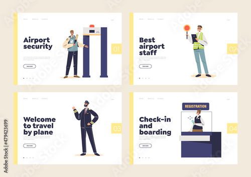 Airport staff workers concept of landing pages set with flying crew, pilot, air traffic controller