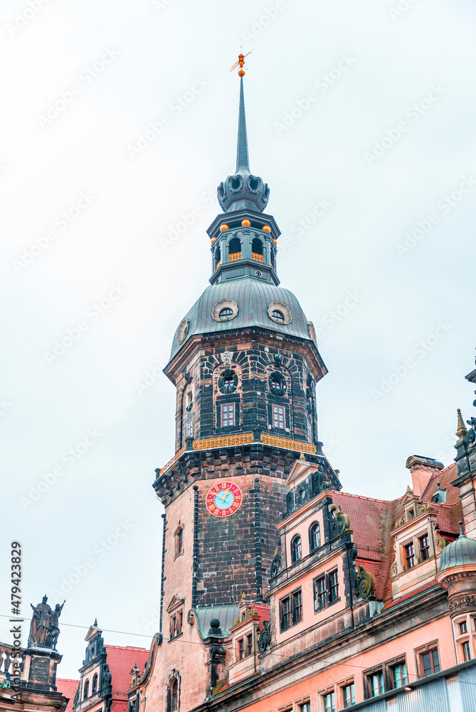 Obraz premium Hausmannsturm tower and Dresden Cathedral Catholic Court Church in the old town or Altstadt of Dresden