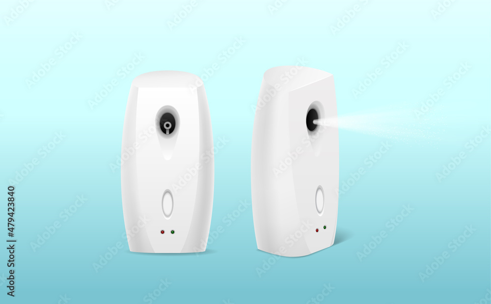 Realistic automatic air freshener set. Spray deodorant for domestic scent. Aerosol dispenser sprayer Realistic automatic air freshener set. Spray deodorant for domestic scent. Aerosol dispenser sprayer