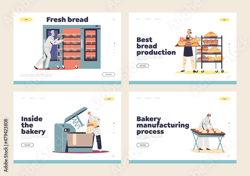 Bread production manufacturing and bakery industry landing pages with bakers working with dough