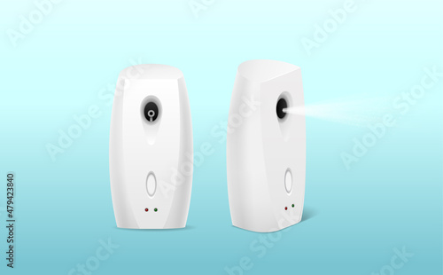 Realistic automatic air freshener set. Spray deodorant for domestic scent. Aerosol dispenser sprayer