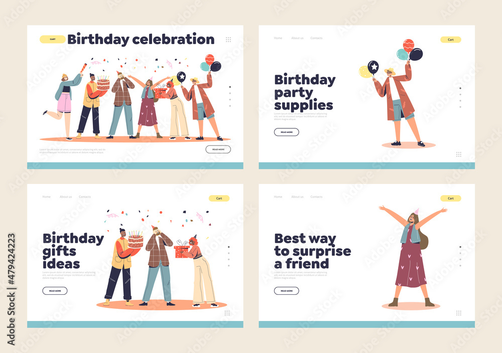 Birthday celebration and party event landing pages set with cheerful people greeting with holidays Birthday celebration and party event landing pages set with cheerful people greeting with holidays