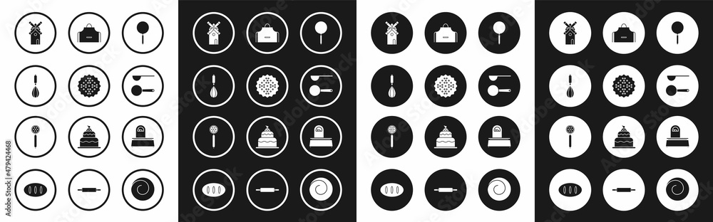 Set Frying pan, Cracker biscuit, Kitchen whisk, Windmill, Measuring spoon, apron, Scales and Strainer icon. Vector