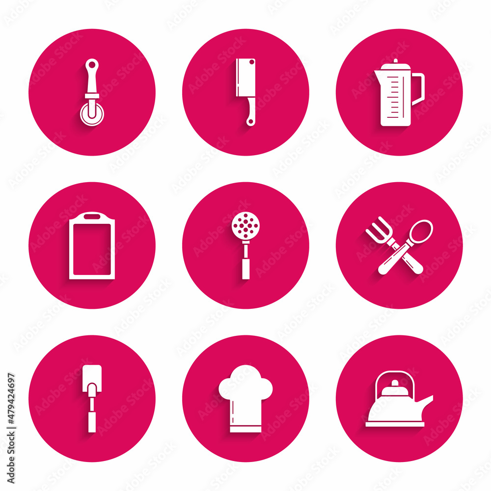 Set Spatula, Chef hat, Kettle with handle, Crossed fork spoon, Cutting board, Teapot and Pizza knife icon. Vector Set Spatula, Chef hat, Kettle with handle, Crossed fork spoon, Cutting board, Teapot and Pizza knife icon. Vector