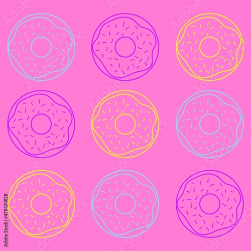 Bright glazed donuts with sprinkles. Outline style background pattern.