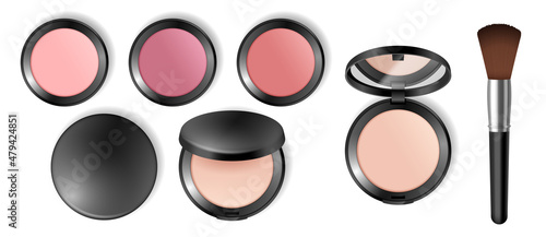 Decorative cosmetics set: compact face powder, blusher in black case with mirror and brush
