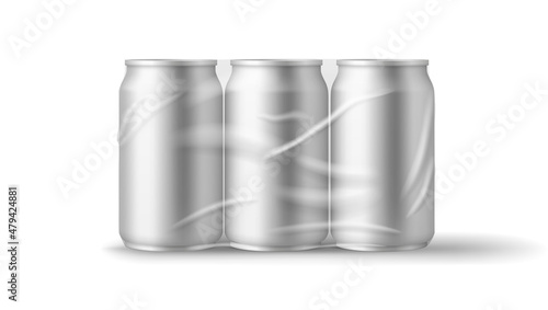Realistic beer pack template tin cans mockup in plastic wrap, six soda metal jars, side view