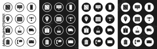 Set Mobile phone with app delivery tracking, Calendar, Placeholder map paper, Wooden box, Delivery drone the package, Computer monitor, cargo truck vehicle and Gift icon. Vector