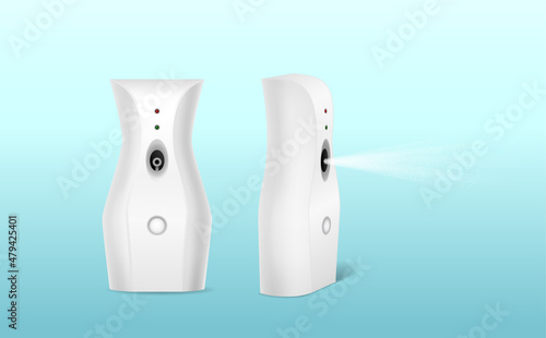 White blank air freshener packaging for automatic spray bottle, reed diffuser set isolated