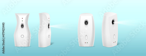Set of automatic air freshener. White spray deodorant for domestic scent. Aerosol dispenser sprayer