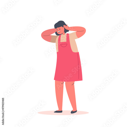Little Child Character Cover Ears with Hands. Family Problems, Domestic Abuse, Bullying Concept. Depressed Anxious Girl