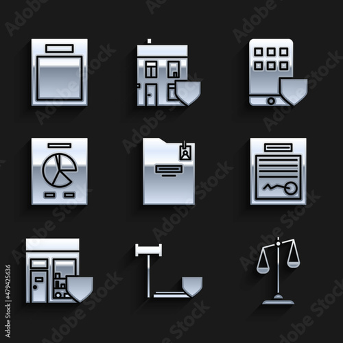 Set Personal folder, Judge gavel with shield, Scales of justice, Filled form, Shopping building, Document graph chart, Smartphone insurance and Empty icon. Vector