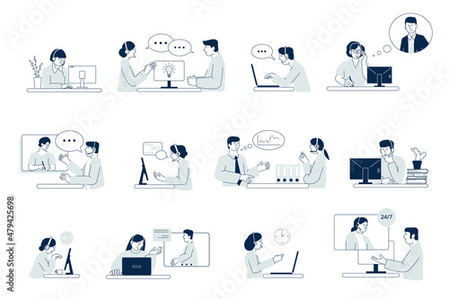 Customer consultation. Staff advice service, solutions professional center and online consulting clients. Call support on phone, chat with assist recent vector set
