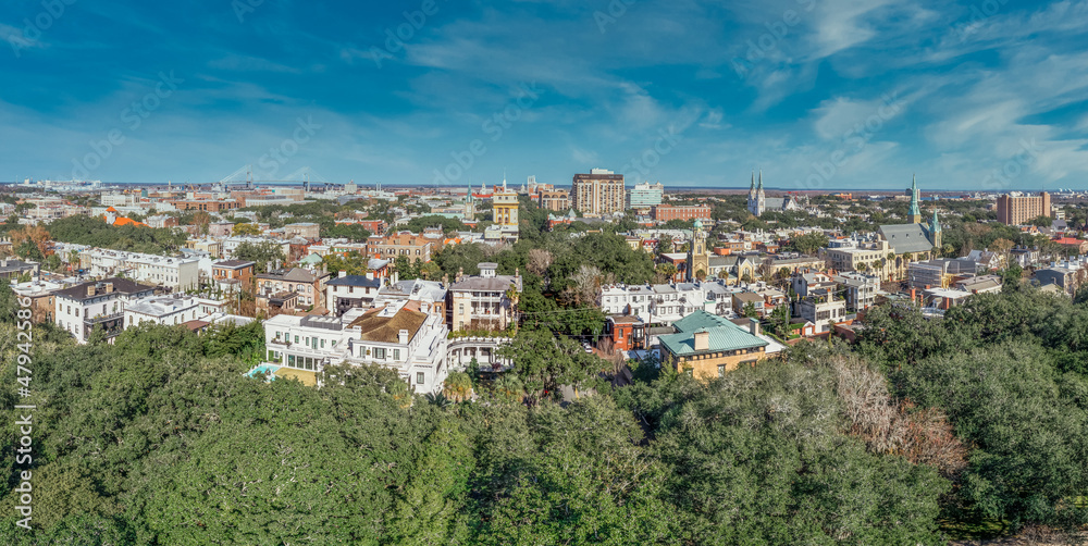 Aerial view of Savannah historic district in Georgia during daylight with a few high rise buildings, from FOrsyth park looking at the historic buildings