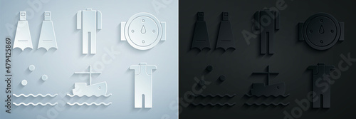Set Fishing boat on water, Wind rose, Cold and waves, Wetsuit for scuba diving, and Rubber flippers swimming icon. Vector