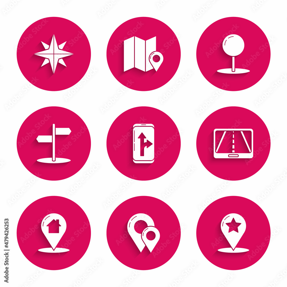 Set Infographic of city map navigation, Map pin, pointer with star, house, Road traffic sign, Push and Wind rose icon. Vector Set Infographic of city map navigation, Map pin, pointer with star, house, Road traffic sign, Push and Wind rose icon. Vector