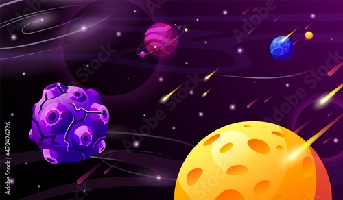 Cartoon planets in space. Planet in cosmos, starry universe background. Galaxy science landscape for digital game world, garish vector illustration