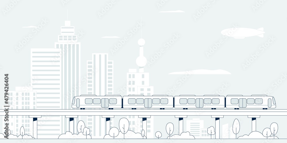 City subway. Train on bridge, metro landscape scene. Urban railway road outline, modern flat transportation and infrastructure recent vector concept