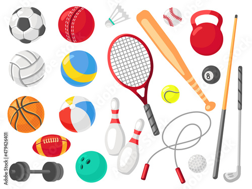 Cartoon sport equipment. Different balls  flat playing tools. Isolated gym elements  competition and training icons. Soccer ball  racket  baseball neat vector set