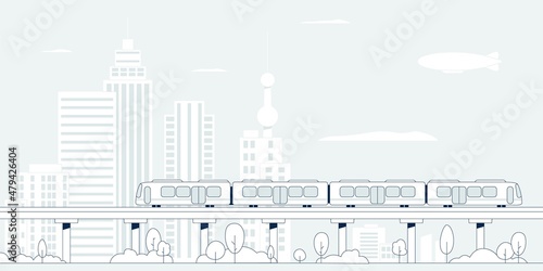 City subway. Train on bridge, metro landscape scene. Urban railway road outline, modern flat transportation and infrastructure recent vector concept