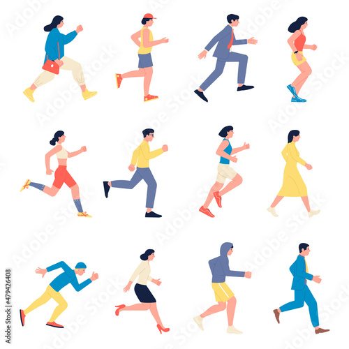People running. Outdoor jogging training, sport workout. Person run to work, man woman in casual cloth hurry. Healthy lifestyle, marathon and athletics recent vector set