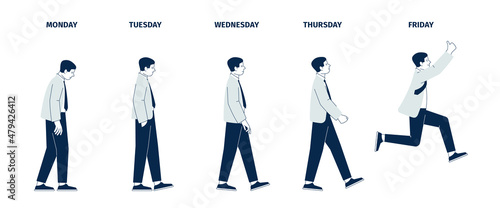 Man friday concept. Life balance, office manager and weekend. Different mood of guy in suit. Businessman leave work and go to vacations, recent vector character