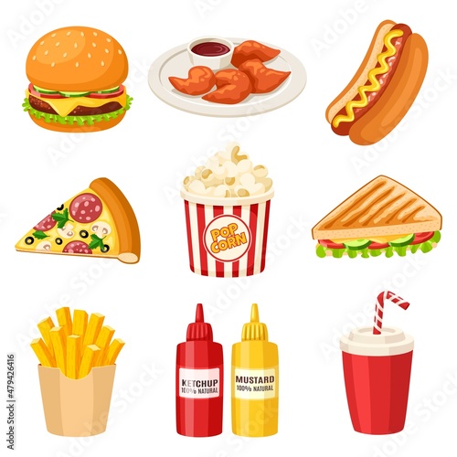 Cartoon fast food elements. Junk snack, foods in cafe icons. Hot dog, sweet drink, pizza slice and sauces. Isolated burger restaurant, meal garish vector clipart