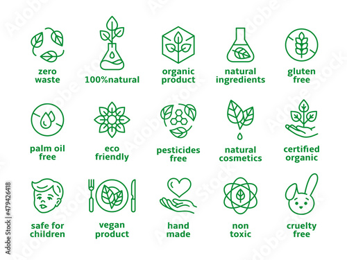 Organic cosmetics symbols. Beauty eco pictogram, vegan icons. Label no preservatives and no chemicals in makeup products, natural tidy vector badges