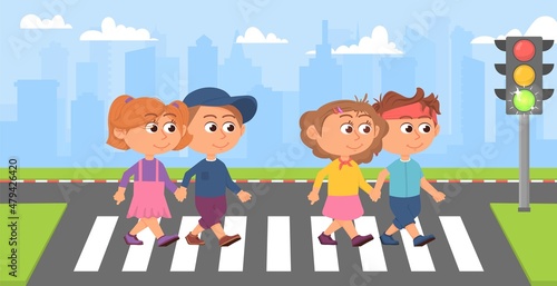 Kids on crosswalk. Kid street crossing, student on road. Green traffic light, safety in town. Cartoon children walk together, education decent vector concept