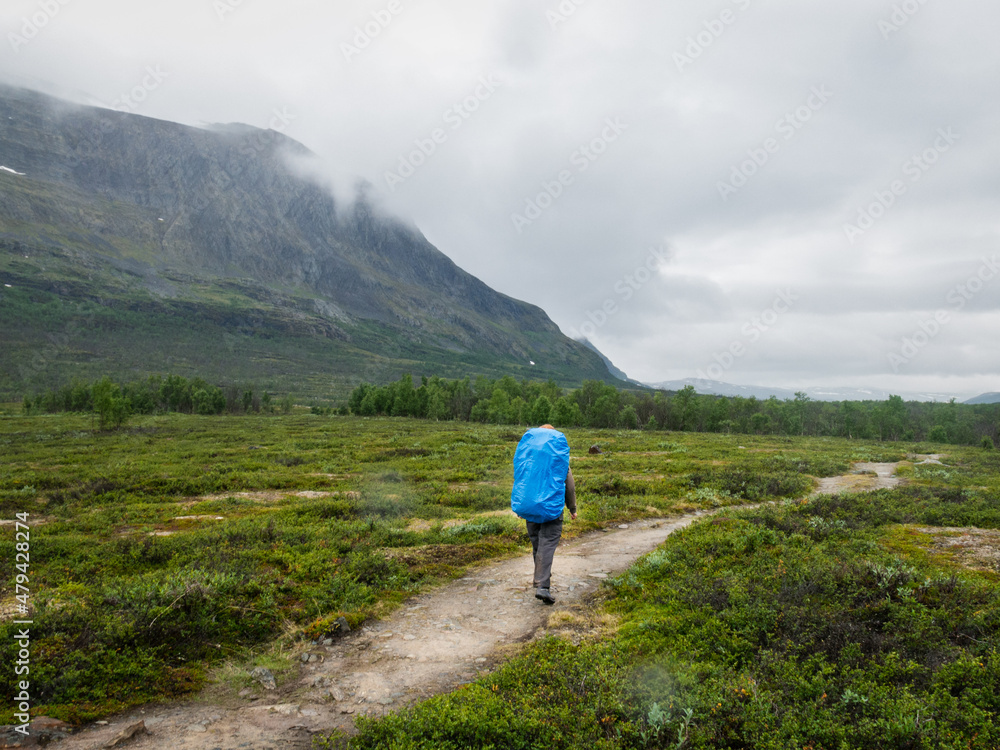 hiker walking in the mountains in northern sweden