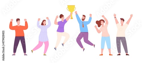 Employee celebrate win. People celebrating success, winner trophy, business award, victory happy team contest, reward achievement, champion prize leader, splendid vector illustration