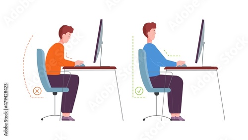 Correct posture computer. Ergonomic seat office workstation, character sit in proper pose at desk on chair, instruction good right position, healthy back splendid vector illustration