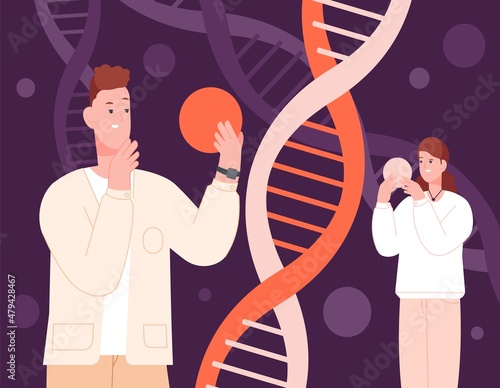 Ancestry genetics. Cartoon people holding molecule dna, genetic science, explore gene chromosome, scientific experiment heredity, medical discovery, splendid vector illustration