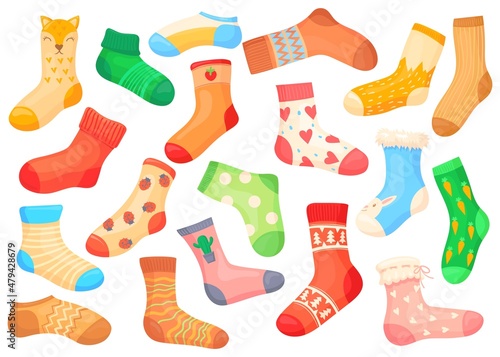 Cartoon woolen socks. Pair stripe children sockes, winter warm striped kid sock, wool hosiery, child cute wardrobe, holiday clothes for foot, isolated neat vector illustration