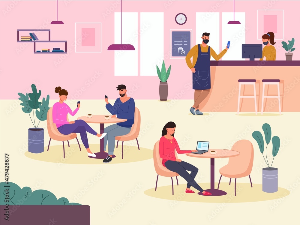 People use smartphone in restaurant. Customers with telephone or laptop sitting on chair inside city cafe interior, waiter at bar in mask, coffee at table, garish vector People use smartphone in restaurant. Customers with telephone or laptop sitting on chair inside city cafe interior, waiter at bar in mask, coffee at table, garish vector
