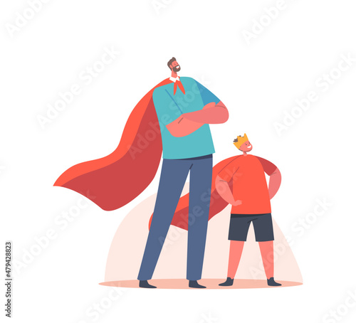 Superfamily, Parent and Child Relations Concept. Happy Family Dad and Son Characters in Superhero Costumes Posing