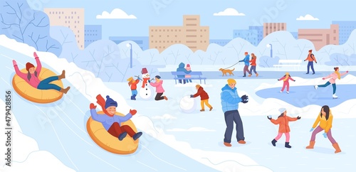 Walking in winter park. Active people in snow landscape, wintering family outdoor activities, skiing ice skating rink sled making snowman christmas holiday swanky vector