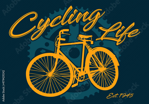 Beautiful golden retro bicycle over a front crank with "cycling life" sentence over a dark blue background